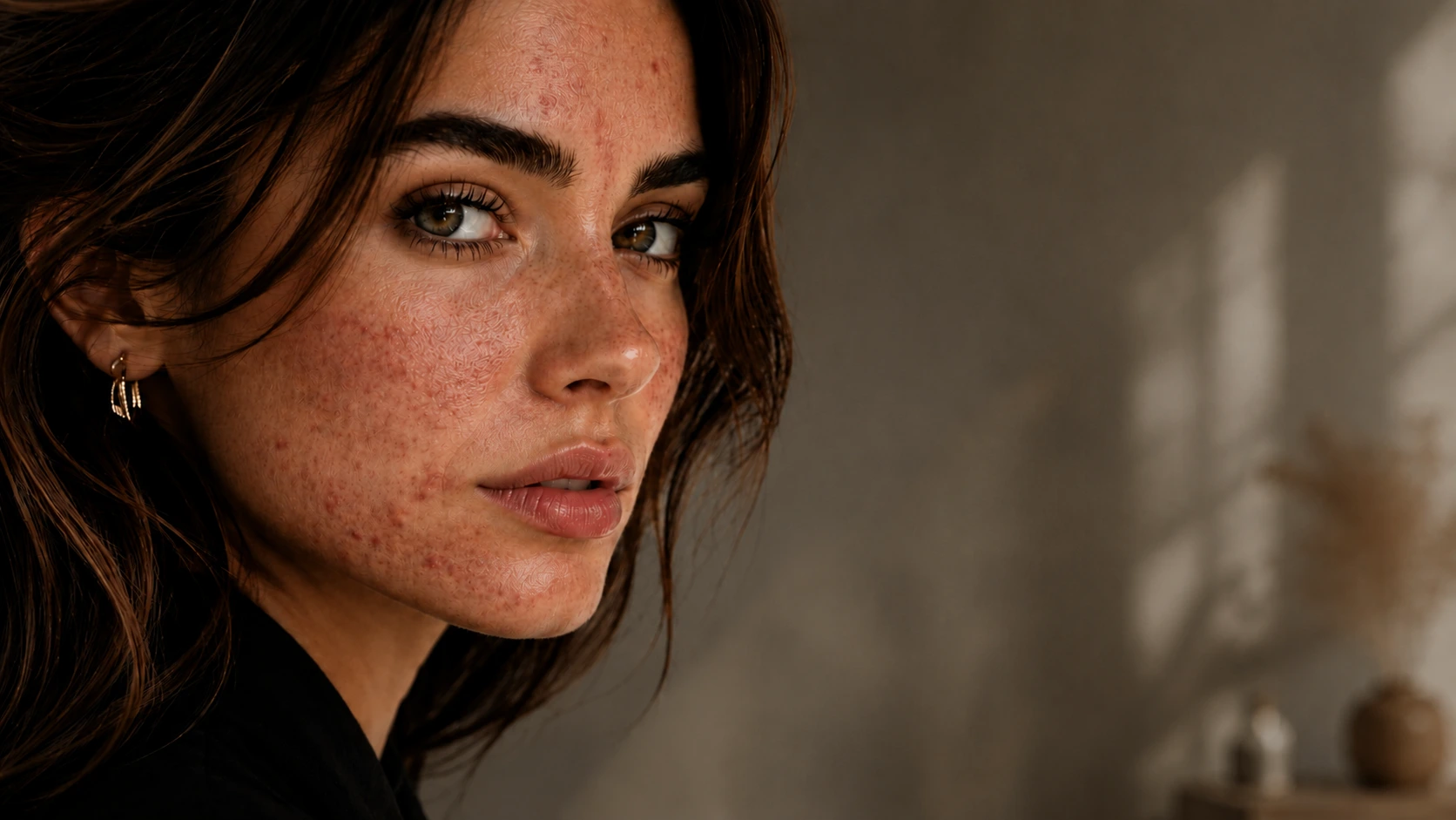 The same model showing skin with acne, before treatment